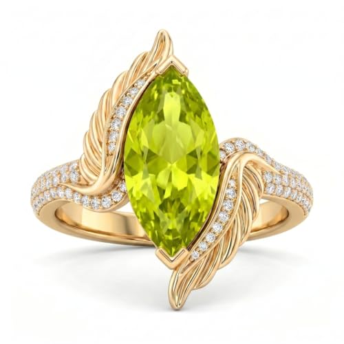 WSX Marquise Cut Gemstone Statement Ring for Women 10K 14K 18K Gold Vintage Feather Design Gemstone Promise Rings Jewelry Gifts - color: Peridot