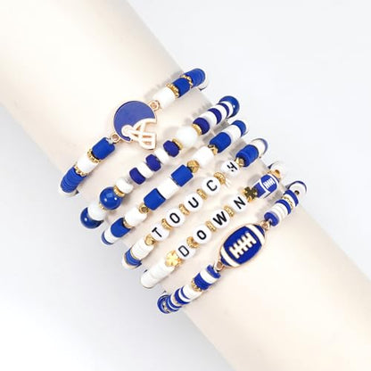 Ardorchid Halloween Bracelets for Women Pumpkin Ghost Steleton Bat Skull Beaded Stackable Stretchy Bracelet Rugby Thanksgiving Christmas Heishi Bracelets - color: Game Day-Blue