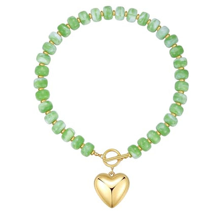 Chunky Heart Necklaces for Women Colorful Resin Beaded Necklaces for Women Gold Puffy Heart Statement Necklace Trendy Acrylic Choker Jewelry Gift - color: B