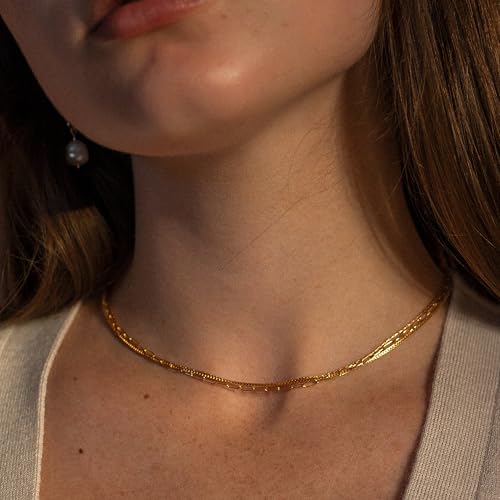CONRAN KREMIX Waterproof Gold Necklace Layered Necklaces for Women Non Tarnish,14k Gold Plated Stainless Steel Dainty Stack Thin Chain Necklace Set for Women Gifts Jewelry - color: Gold-06