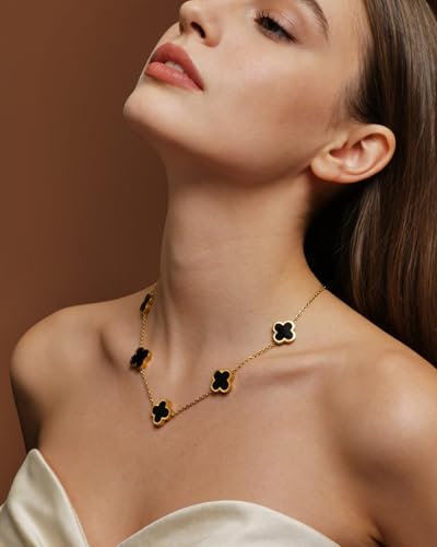 Four Leaf Clover Necklace 18K Gold Plated Necklaces for Women Lucky Flower Pendant Adjustable Link Chain Stainless Steel Dainty Trendy Simple Jewelry Gifts for Women - color: 5G-Black