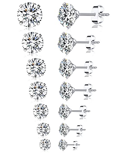7 Pairs 18G 20G Stainless Steel Stud Earrings Round Cubic Zirconia Barbell Earring Set For Men Women 2MM-8MM Silver Tone - style: D:7 Pairs,Butterfly Backs,18G