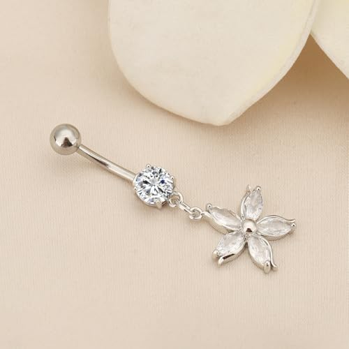 14G Crystal Flower Dangle Belly Button Ring for Women Stainless Steel Rhinestone Fashion Statement Lucky Floral Dangling Charm Curved Barbell Navel Rings Simple Sexy Summer Beach Body Piercing Jewelry - color: Silver