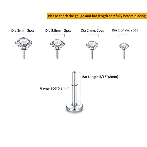 Oveta Threadless Push in Lip Rings 16G/18G/20G Labret Jewelry CZ Lip Studs Stainless Steel Cartilage Earrings for Women Monroe Medusa Piercing Jewelry 6/7/8/10/12mm Bar Length - color: Silver, size: 20G*8mm bar*1.5/2/2.5/3mm cz