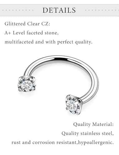 Horseshoe Nose Ring Surgical Steel Double Stud Nose Ring 16g Lip Rings Cubic Zirconia Daith Piercing Jewelry for Women Inner Diameter 6/8/10/12mm - color: 16g,inner DIA.6/8/10/12mm