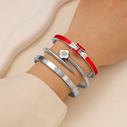 3Pcs Gold Bracelets for Women 14K Gold Plated Love/H/Nail Bangle Bracelet Dainty Non Tarnish Bracelet Jewelry Christmas Mothers Day Gifts for Women - color: 3Pcs Silver/Red H bracelet