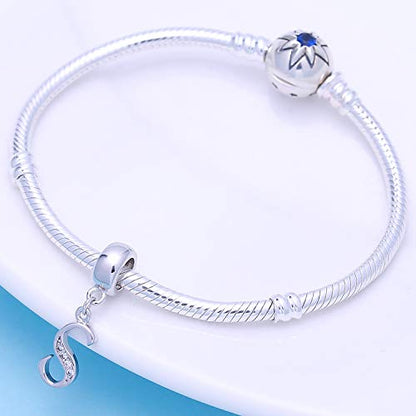 925 Sterling Silver Charms Alphabet Beads fit Pandora Charm Bracelets A-Z Letter Initial Spacer Dangle Clear CZ Stone Authentic for Snake Chain Bracelets - color: S