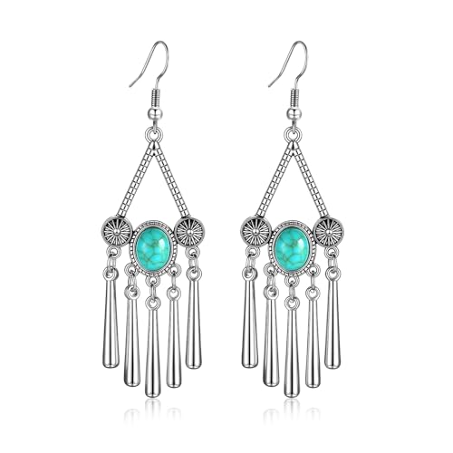 Boho Turquoise Dangle Earrings For Women Trendy,Western Blue Gemstone Drop Earings,Vintage Gothic Ethnic Statement Beach Vacation Long Birthstone Earrings with Leaf Teardrop Turquoise Crystal Tassels,Fashion Jewelry Birthday Gift. - style: A1 Turquoise ta