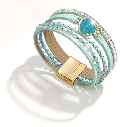 Suyi Multilayer Leather Wrap Bracelet Heart-Shape Wide Bracelets for Women - color: Light Blue 2