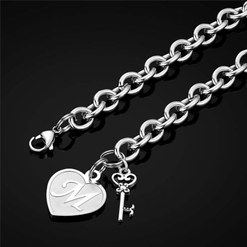 M MOOHAM Heart Initial Bracelets for Girls Women - Engraved 26 Letters Initial Charms Bracelet Stainless Steel Bracelet Birthday Christmas Jewelry Gift for Women Teen Girls - style: M - Heart