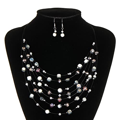 Multi-Layer Boho Shell Beaded Necklace for Women Colorful Crystal Strand with Silver Beads Statement Collars Necklace and Earrings Costumes Jewelry Sets for Women - color: Black