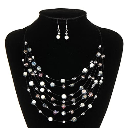 Multi-Layer Boho Shell Beaded Necklace for Women Colorful Crystal Strand with Silver Beads Statement Collars Necklace and Earrings Costumes Jewelry Sets for Women - color: Black