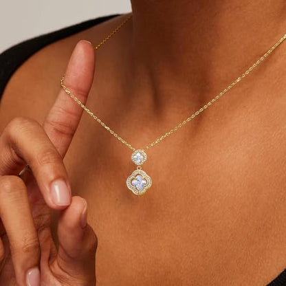 14K Gold Plated | 14K Platinum Plated Necklace for Women Necklace Earrings Set with Sparkling Zircon Inlay and Silver Post Earrings - color: Double floral necklace set silver