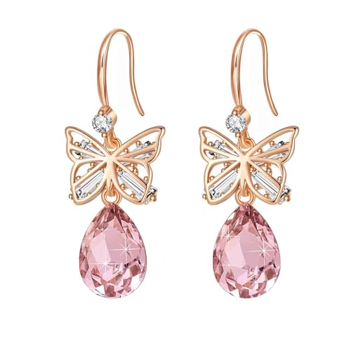 Austrian Crystal Teardrop Butterfly Drop Dangle Earrings for Women 14K Rose Gold Plated Hypoallergenic Jewelry - color: Pink