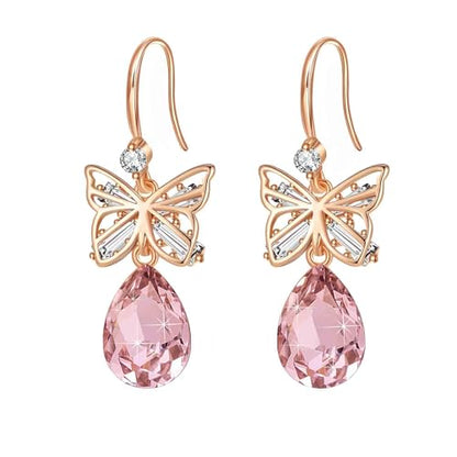 Austrian Crystal Teardrop Butterfly Drop Dangle Earrings for Women 14K Rose Gold Plated Hypoallergenic Jewelry - color: Pink