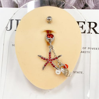 Starfish Dangle Belly Button Rings for Women Rhinestone Ocean Star with Pearl Conch Charm Navel Piercing Stainless Steel Curved Navel Barbell Ring Beach Jewelry - color: Red