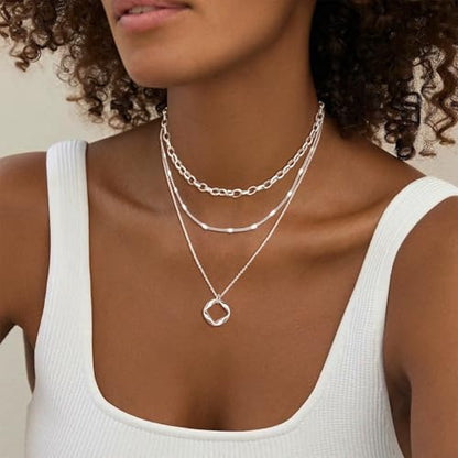OGD Layered CZ Rondelle Pendant Necklaces for Women, 14K Gold Plated Trendy Mariner Chain Dainty Circle Rondelle Pendant Choker Necklace for Women Two-Toned Cubic Zirconia Gold Necklace - color: 3PCS-Circle-Silver