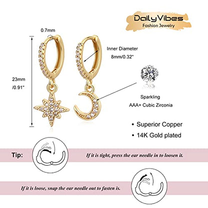 DAILY VIBES Cute Gold Mini Dangle Huggie Hoop Earrings for Women Trendy | 14K Gold Plated, Dainty Cubic Zirconia, Small Hoop Earrings with Charm Drop, Jewelry Gift for Women Ladies - color: Moon and Star CZ