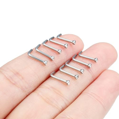 Hoeudjo Nose Studs Surgical Steel Cubic Zirconia Nose Rings Kit for Women Men Tiny Nose Stud Bone & Screw & L Shaped Nostril Piercing Jewelry 18/20/22/24 Gauge 10 Pieces - color: silver-tone,L-shaped nose studs, size: 18g/2mm clear CZ