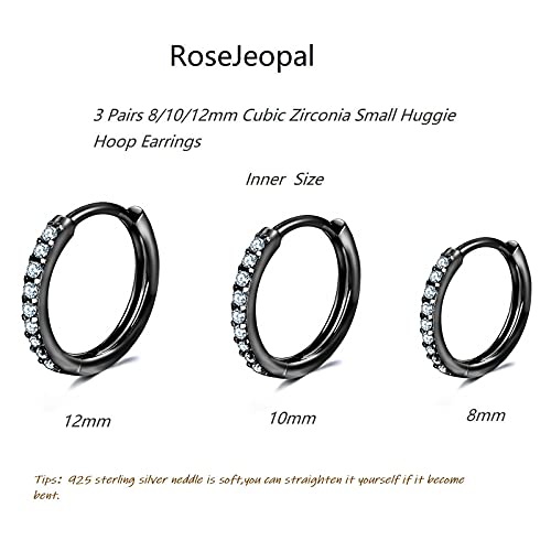 3 Pairs 925 Sterling Silver Small Hoop Earrings for Women Men | Cubic Zirconia, 14K White Gold Plated Huggie Hoop Earrings, Hypoallergenic - style: M-black 8/10/12mm