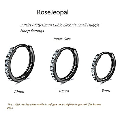 3 Pairs 925 Sterling Silver Small Hoop Earrings for Women Men | Cubic Zirconia, 14K White Gold Plated Huggie Hoop Earrings, Hypoallergenic - style: M-black 8/10/12mm