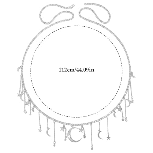 Moon Chain Belt for Women, Elegant Silver Star Waist Chain, Sparkling Celestial Body Jewelry Matching Y2k Witchy Festival Outfits Flawlessly