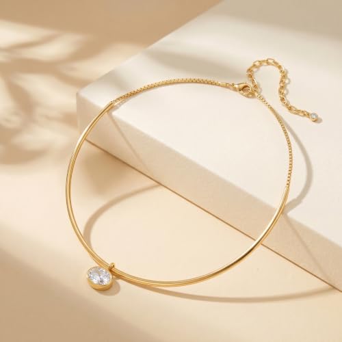 14K Gold Plated Collar Choker Necklace for Women Charm Jewelry | Trendy Dainty Statement Fashion Cubic Zirconia Pendant Necklace - color: 93A