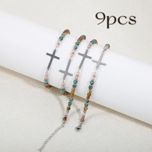BROCC 9PCS Cross Christian Bracelets for Women | Christian Inspirational,Adjustable 4MM Beaded,Healing Natural Stone,Confirmation Baptism Easter Gifts - color: B