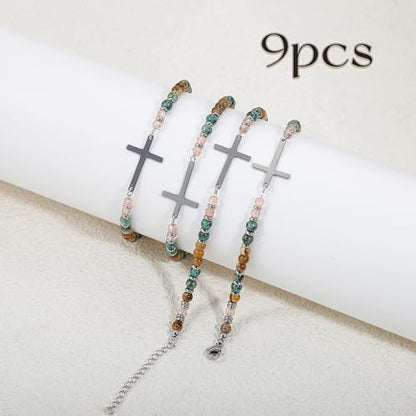BROCC 9PCS Cross Christian Bracelets for Women | Christian Inspirational,Adjustable 4MM Beaded,Healing Natural Stone,Confirmation Baptism Easter Gifts - color: B