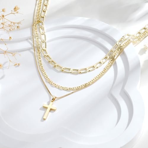 M MOOHAM Cross Necklace for Women Non Tarnish - 14K Gold Plated Dainty Clover Cross Layered Necklaces Stack Set Herringbone Figaro Paperclip Chain Necklace Trendy Religious Baptism Faith Jewelry Gifts - color: cross