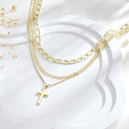 M MOOHAM Cross Necklace for Women Non Tarnish - 14K Gold Plated Dainty Clover Cross Layered Necklaces Stack Set Herringbone Figaro Paperclip Chain Necklace Trendy Religious Baptism Faith Jewelry Gifts - color: cross