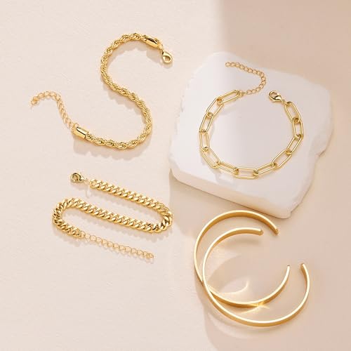 Gokeey Gold Bracelets Set for Women Non Tarnish, Waterproof 14K Gold Plated Sterling Silver Chunky Cuff Bracelet Stackable Gold Bangles Bracelet for Women Trendy Fashion Accessories Tie Knot Cuban Rope Paperclip Beaded Bracelet Stack Jewelry Mothers Day G
