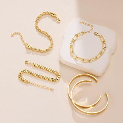Gokeey Gold Bracelets Set for Women Non Tarnish, Waterproof 14K Gold Plated Sterling Silver Chunky Cuff Bracelet Stackable Gold Bangles Bracelet for Women Trendy Fashion Accessories Tie Knot Cuban Rope Paperclip Beaded Bracelet Stack Jewelry Mothers Day G