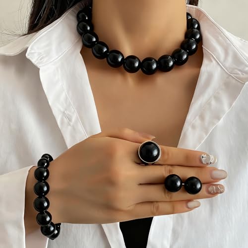 White Faux Pearl Necklace and Earrings Set Big Large Pearl Bead Ball Beaded Choker Necklace Black Pink Pearls Statement Bracelet Ring for Women - color: black