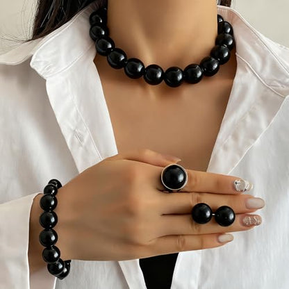 White Faux Pearl Necklace and Earrings Set Big Large Pearl Bead Ball Beaded Choker Necklace Black Pink Pearls Statement Bracelet Ring for Women - color: black