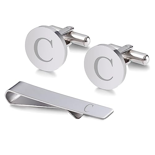 WIGERLON Initial Cufflinks and Tie Clip Set for Men,Stainless steel Letter Cuff Links and Tie Bar Set gift for Father Husband Son Boyfriend - style: C-Silver