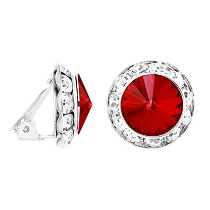 Rosemarie & Jubalee Women's Timeless Classic Statement Clip On Halo Earrings Made With Premium Crystals - color: 20mm, Light Siam Red Silver Tone