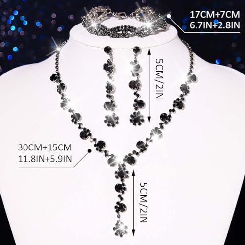 Silver Wedding Jewelry Sets Rhinestone Necklace Earrings Bracelet Set Prom Formal Costume Jewelry for Women and Brides - color: Black