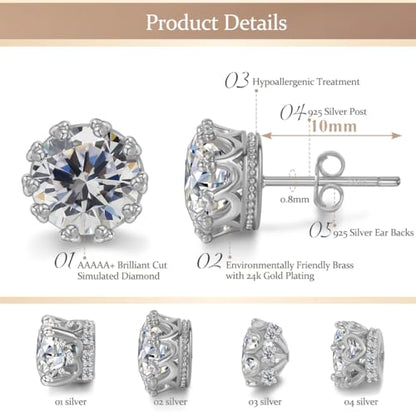 Hypoallergenic Cubic Zirconia Stud Earrings for Women & Men 24K Gold Plated Sterling Silver Post, CZ Simulated Diamond Halo Studs Sensitive Ear Friendly Gift (ED-31) - color: White Gold 02