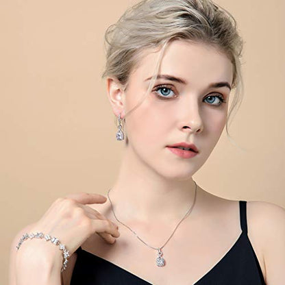 AMYJANE Crystal Jewelry Set for Women - Sterling Silver Square Cubic Zirconia CZ Bridal Pendant Necklace Earrings Set for Wedding Bride Bridesmaids Birthstone Fashion Jewelry Set - color: Clear