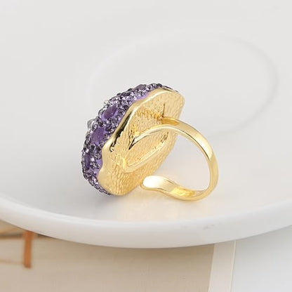 HZMAN Natural Stone Statement Ring for Women, Crystal Paved Bold Cocktail Ring, Adjustable Gold Tone Fashion Jewelry - color: Amethyst Druzy Stone