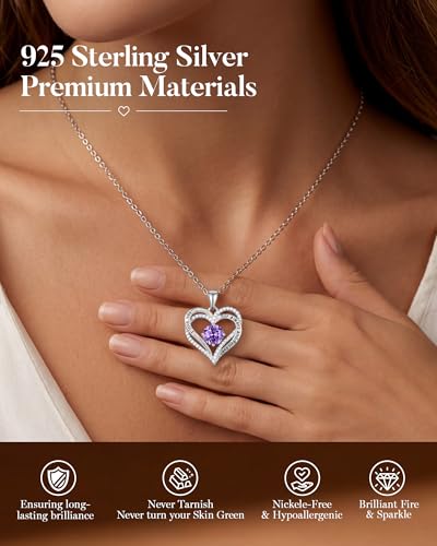 CDE S925 Silver Engraved Forever Love Heart Birthstone Necklaces for Women | 5A CZ,Hypoallergenic,Nickel-Free & Lead-Free Pendant,Anniversary Christmas Wedding Birthday Gift for Wife Girlfriend - color: 02-Feb, style: White Gold Plated