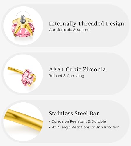 BSJ4U Belly Button Rings Gold Plated Silver Pink Clear CZ Belly Rings for Women Heart Bow Flower Butterfly Teardrop Dangle Navel Belly Button Piercing Jewelry - color: Gold Plated Pink Classic Belly Button Rings