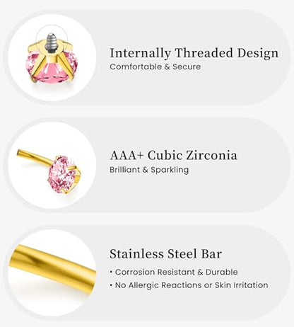 BSJ4U Belly Button Rings Gold Plated Silver Pink Clear CZ Belly Rings for Women Heart Bow Flower Butterfly Teardrop Dangle Navel Belly Button Piercing Jewelry - color: Gold Plated Pink Classic Belly Button Rings
