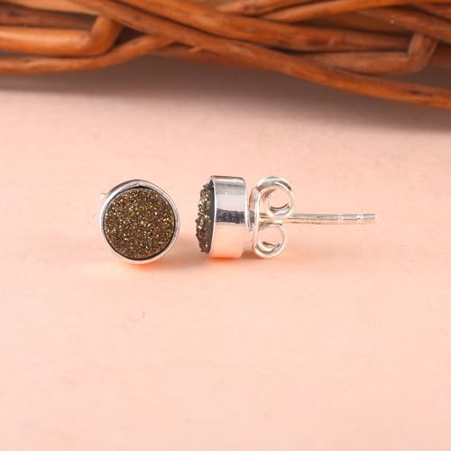 5 MM Natural Gemstone 925 Sterling Silver Hypoallergenic Studs Earrings Jewelry for Women Dainty Trendy Antiqued Silver Birthstone Earrings Jewelry Gifts for Women and Her - color: Brown Druzy
