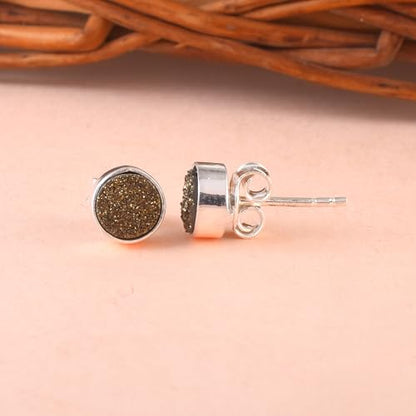 5 MM Natural Gemstone 925 Sterling Silver Hypoallergenic Studs Earrings Jewelry for Women Dainty Trendy Antiqued Silver Birthstone Earrings Jewelry Gifts for Women and Her - color: Brown Druzy