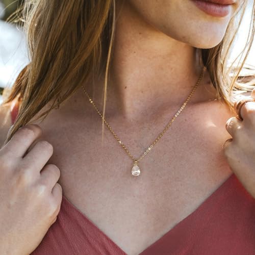 Gold Silver Necklace for Women, Dainty Cubic Zirconia Pendant | Teardrop CZ Charm, 14K Gold/Sterling Silver Plated, Adjustable Chain, Hypoallergenic & Waterproof Jewelry, Cute Trendy Gift - color: Gold-CZ teardrop/cable chain