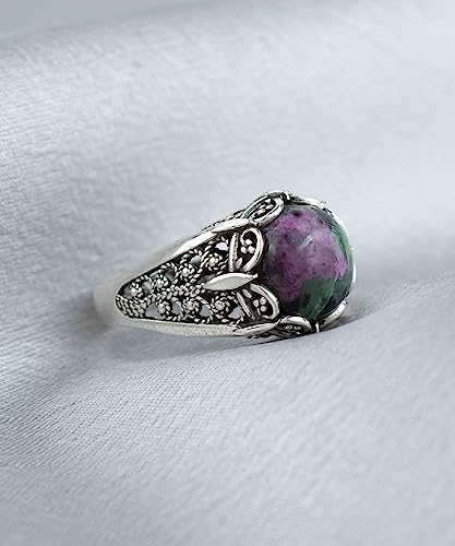 Filigranist 925 Sterling Silver Filigree Art Women Mini Dome Cocktail Ring with Gemstone, Gift Boxed - color: Ruby Zoisite