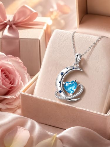 Birthstone Necklace for Women White Gold Moon and Star Pendant Moon Jewelry Anniversary Birthday Gifts for Mom Wife Her - color: 03. March - Aquamarine