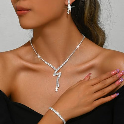 MIFYNN Rhinestone Wedding Set for Women Sparkle Crystal Earrings Necklace Bracelet Jewelry Set Wedding Party Prom Jewelry Set for Brides Bridesmaid - color: Silver2